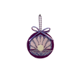 Decorative ornament with shell design and purple ribbon on a white background.

